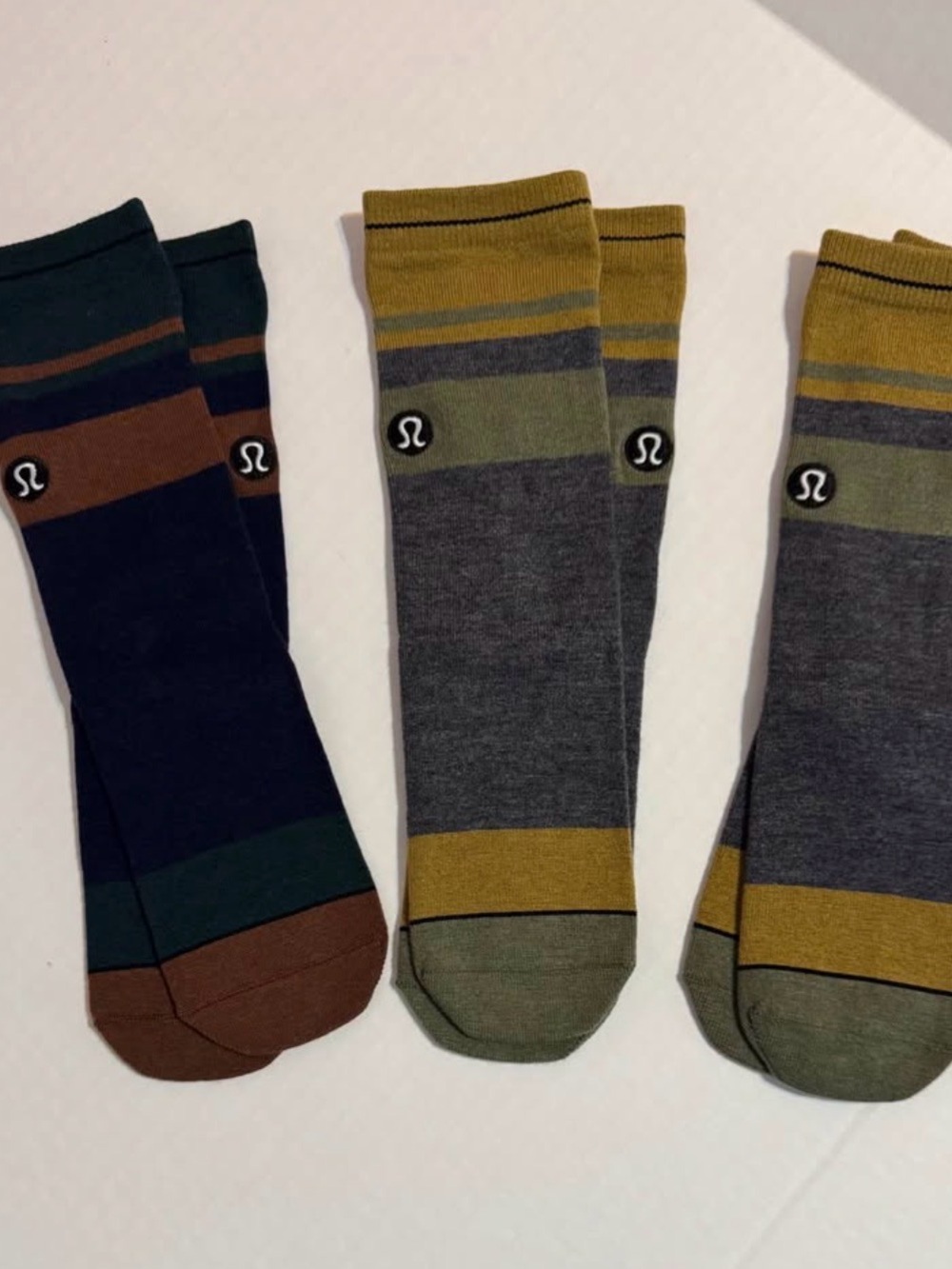 3Pair-lululemon athletica Men’s Striped Crew Socks — Navy/Brown & Olive/Gray